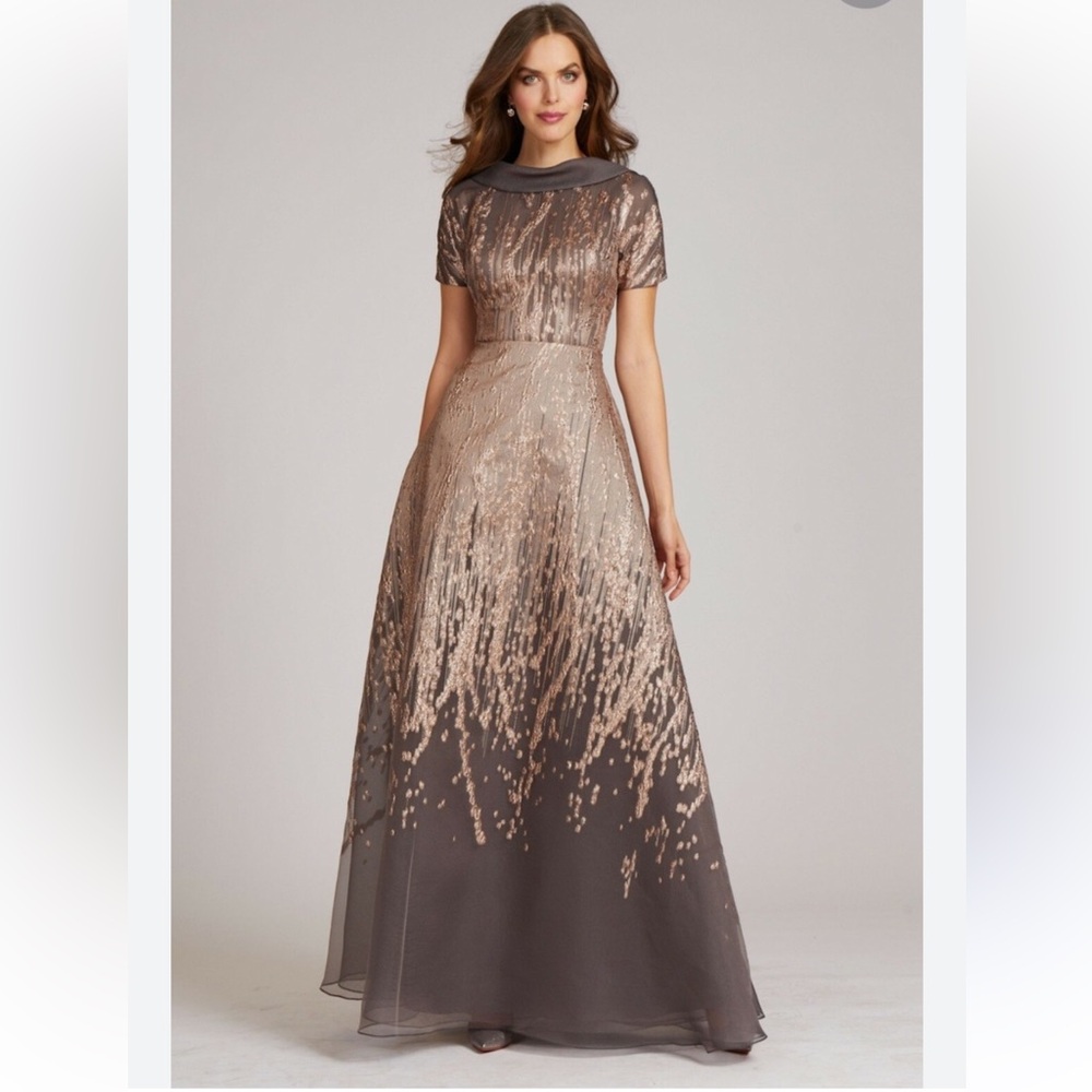 Rickie Freeman for Teri Jon roll-neck metallic jacquard organza dress gown Sz 18